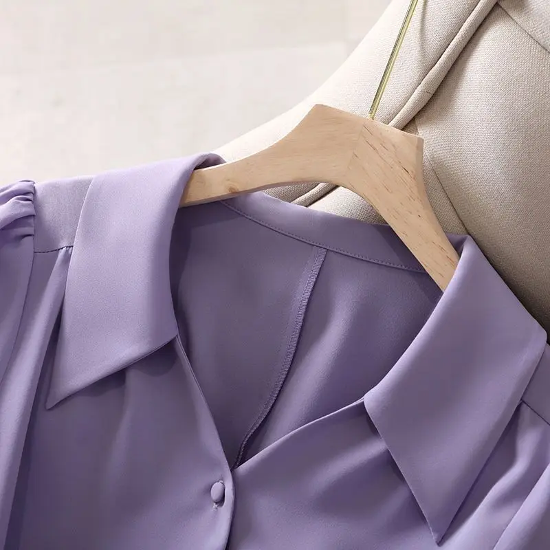 Temperament Mode Sping Neue Chiffon Shirts Frauen Solide Polo-Neck Einreiher Raffen Französisch Stil Puff Sleeve Lose Tops