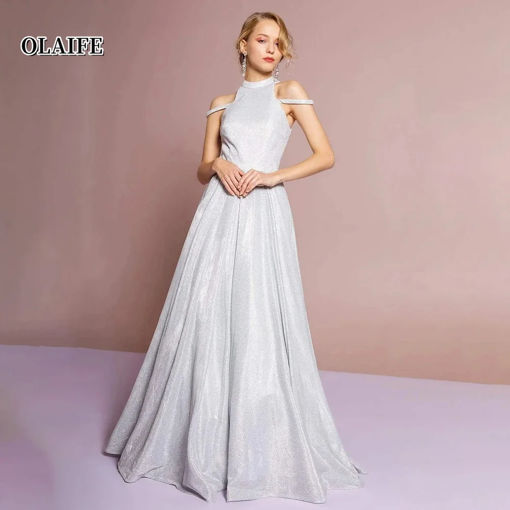 Glitter A-line Evening Dresses High Neck Simple Party Dresses Sweep Train Formal Dresses Vestidos De Fiesta فساتين السهرة