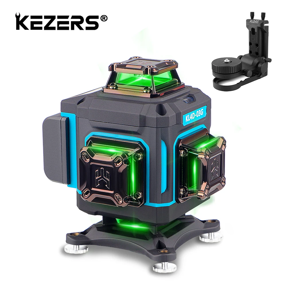 KEZERS 16 Lines 4D Display Green Laser Level KL4D-03G Self leveling 360 with 1PC 4000mAh Li-ion Battery,Remote Control,L-bracket