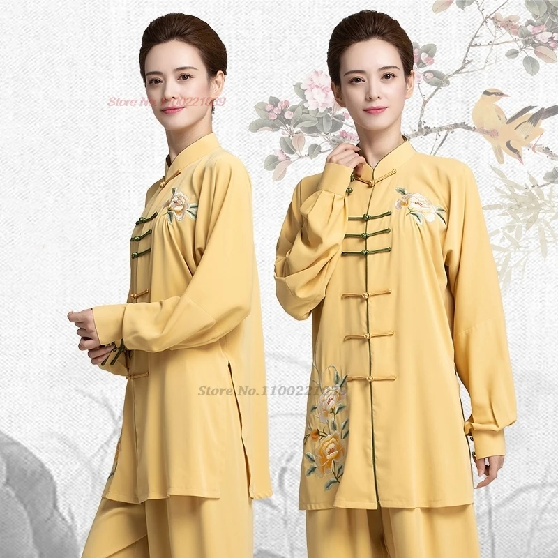 

2025 chinese kung fu tai chi martial arts taijiquan wushu uniform national flower embroidery tops+pants set exercise performance