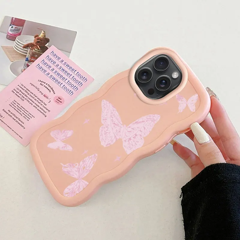 Pink Butterfly Macalong Phone Case for iPhone XR 11 12 13 14 15 16 PRO MAX PLUS Soft Coque Wavy edged Shockproof Cover