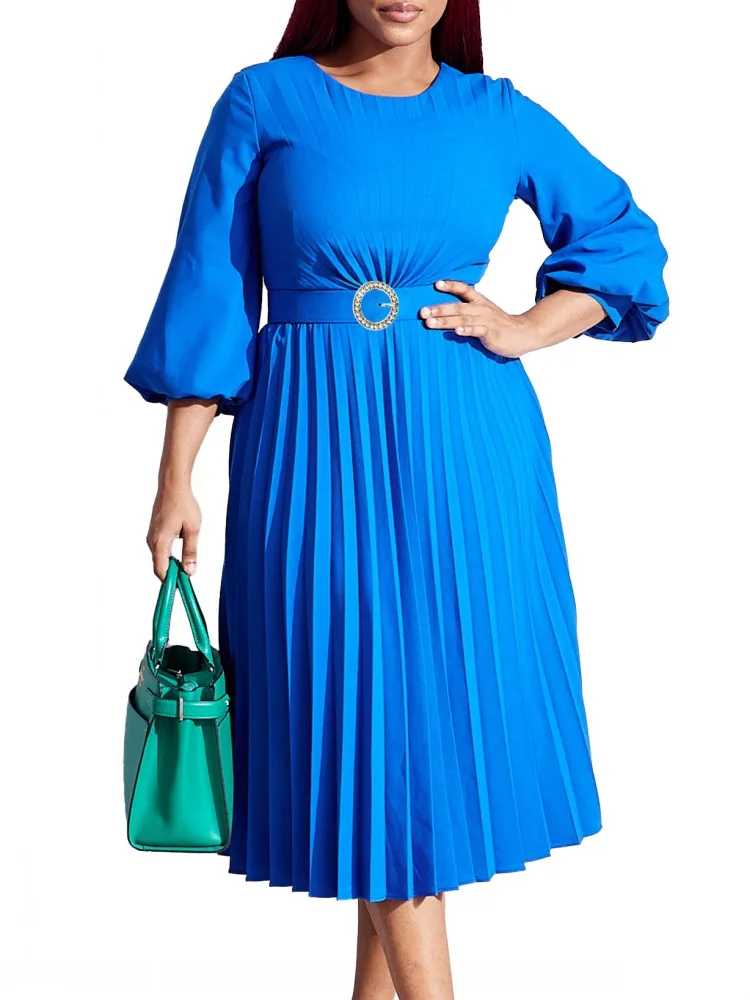 Africa Dress For Women Autumn New Elegant Fashion Pleated Dresses Solid Color Round Neck Loose High Waist Midi Dress Robe Party