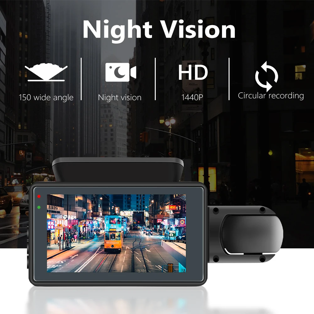 Podofo, videoregistratore per auto con doppia telecamera, obiettivo anteriore e interno, 3", per registrazione in tempo reale, visione notturna, registrazione in loop, ideale per parcheggio e