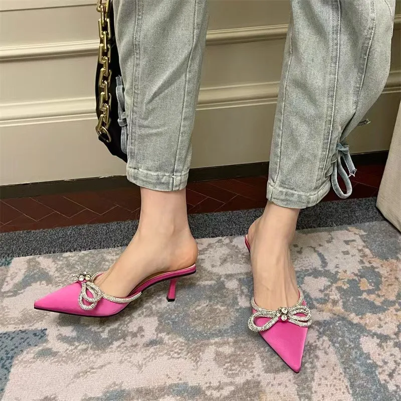 

2023 New Fashion Butterfly-knot Women Slippers Thin Low Heels Pointed Toe Design Slip on Summer Mules Slides Shoes Woman Sandals