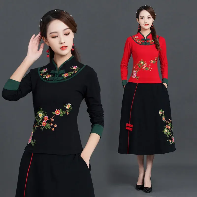 Spring Autumn New Embroidered T-shirt Women Chinese Style Retro Button Long Sleeve Cotton Stand Collar Top