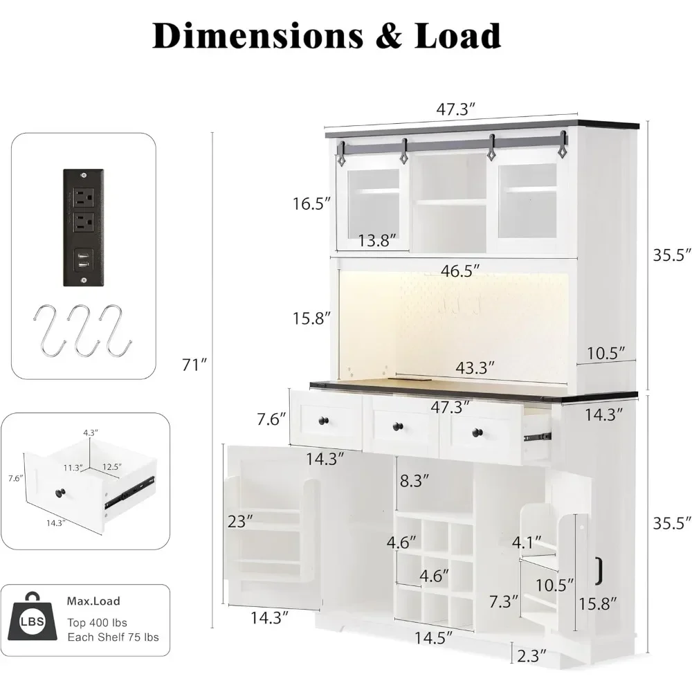 71" Pantry Barkast met opbergrek, keukenbuffetdressoir met hok, schuifdeur, pegboard, wijn- en glazen rek