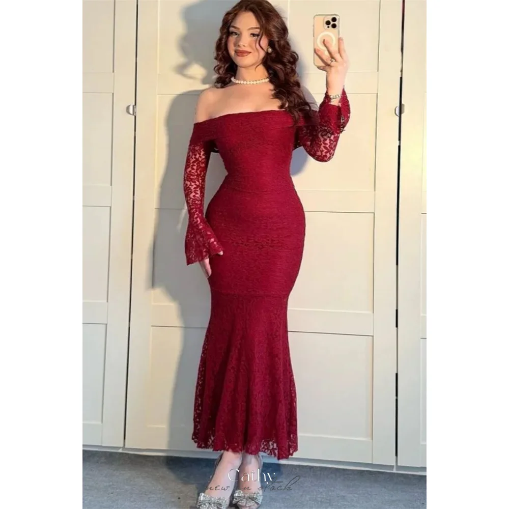 

Cathy Customized Burgundy Off Shoulder Floral Print Prom Dress Mermaid Long Sleeve vestidos de noiva Ankle-length Formal Evening