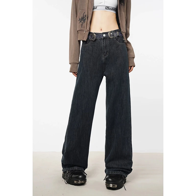 

WCFCX STUDIO American Vintage Jeans Straight Barrel High Waist Washed Wide Leg Women's Long Pants Y2k Fashion Denim Trouser