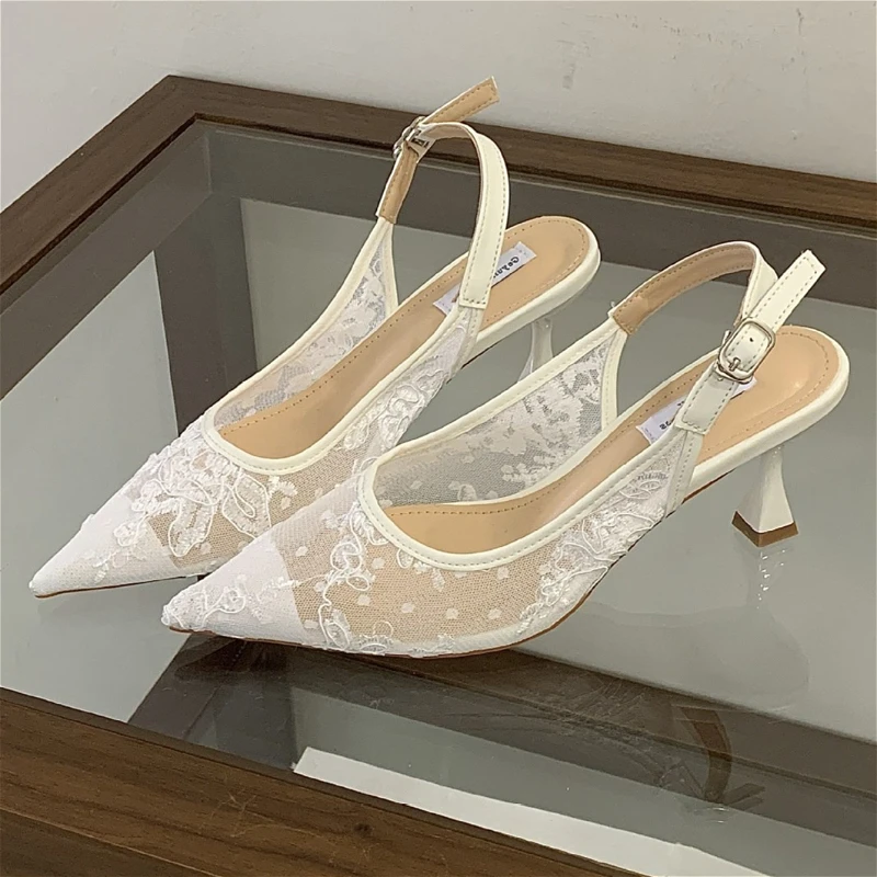 

Сандалии на каблуке с сетчатой вышивкой, женские дышащие туфли-лодочки с острым носком, женские элегантные брендовые туфли на каблуке с открытой пяткой для свадебной вечеринки