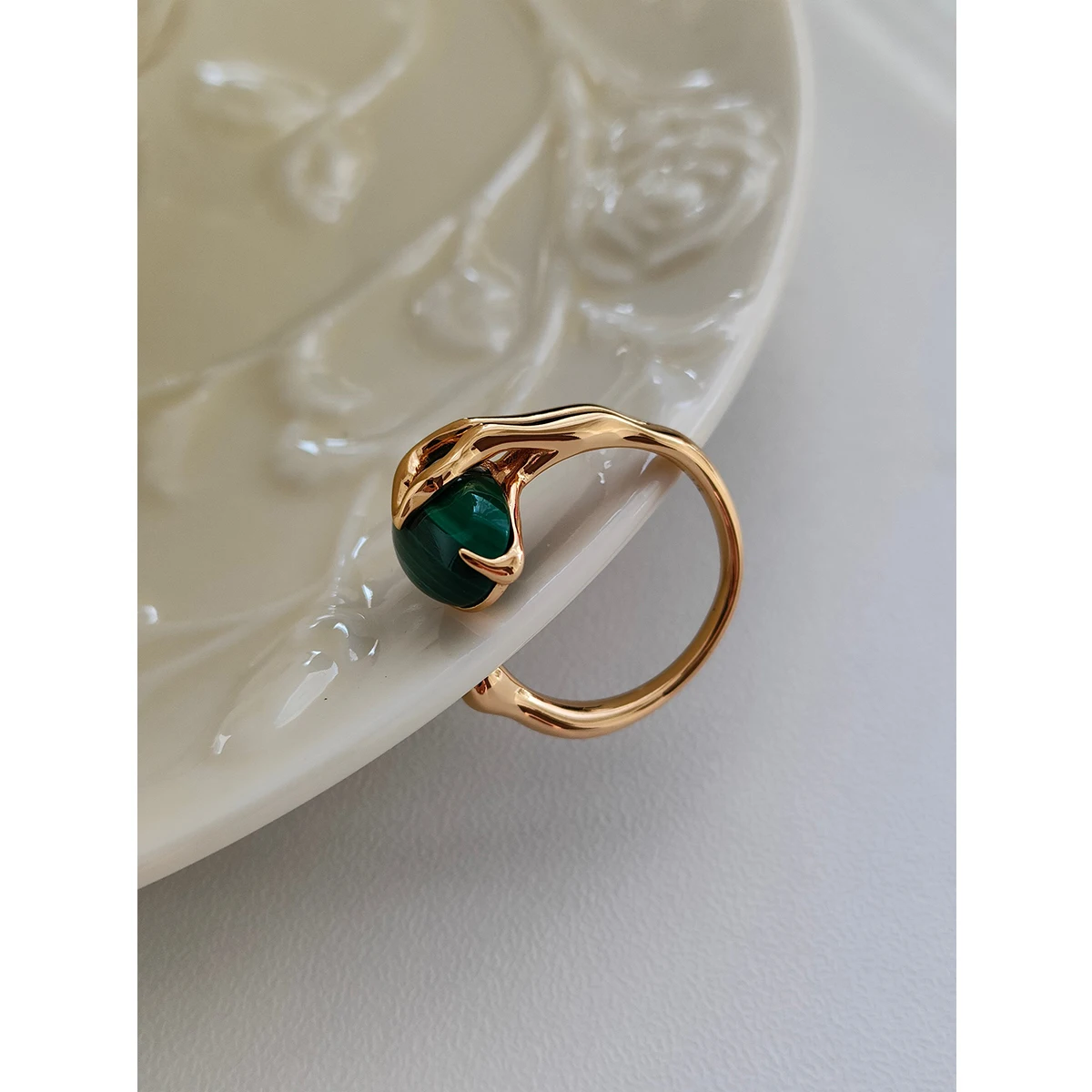 NEW ​ Full Body S925 Sterling Silver Plated With 18K Gold | Malachite Ring 100594