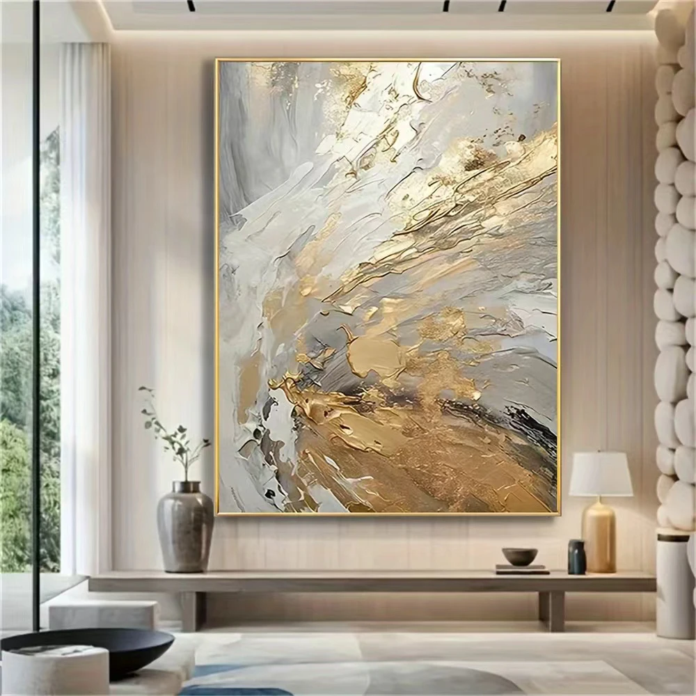Large Scale Abstract Gold Foil Landscape Painting, Century Giant Wave Handmade Oil Painting, Minimalist Wall Decoration Wall
