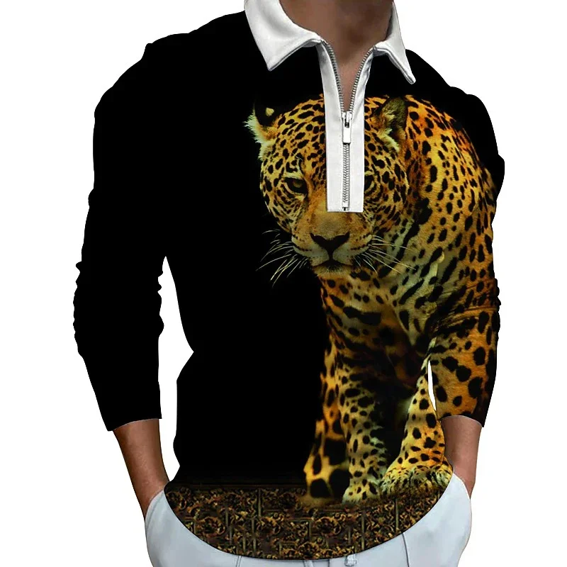 Animal Leopard Painting 3D Print Polo Zipper Long Sleeve Shirt for Men Button Down Fashion Shirt