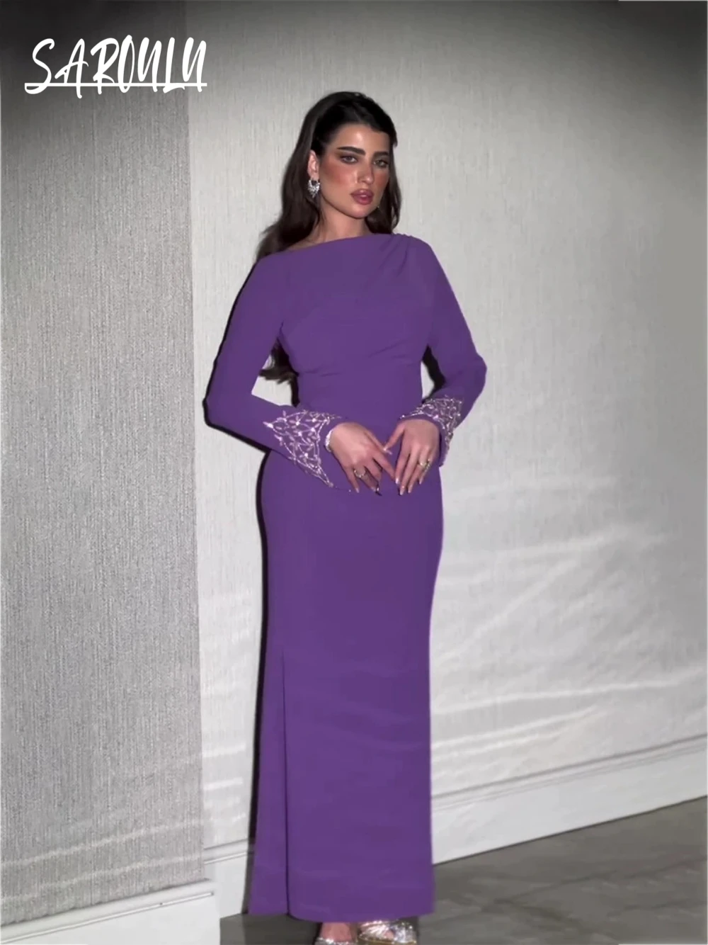 

Purple Arabic Straight Evening Dress, Solid Color, Beaded Long Sleeves, Modern Prom Gown For Women, Hot Sale, Delicate
