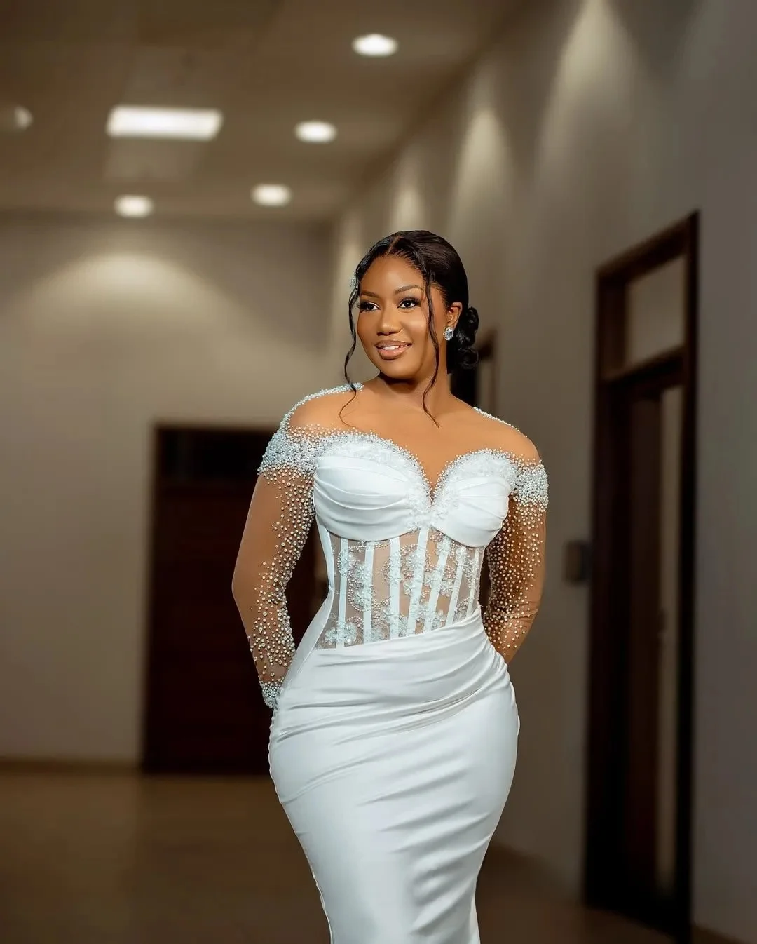 Customized African Wedding Dress Bridal Gowns For Bride Mermaid Sheer Neck Illusion Beaded Lace Pearls Ruffles Appliqued Lace