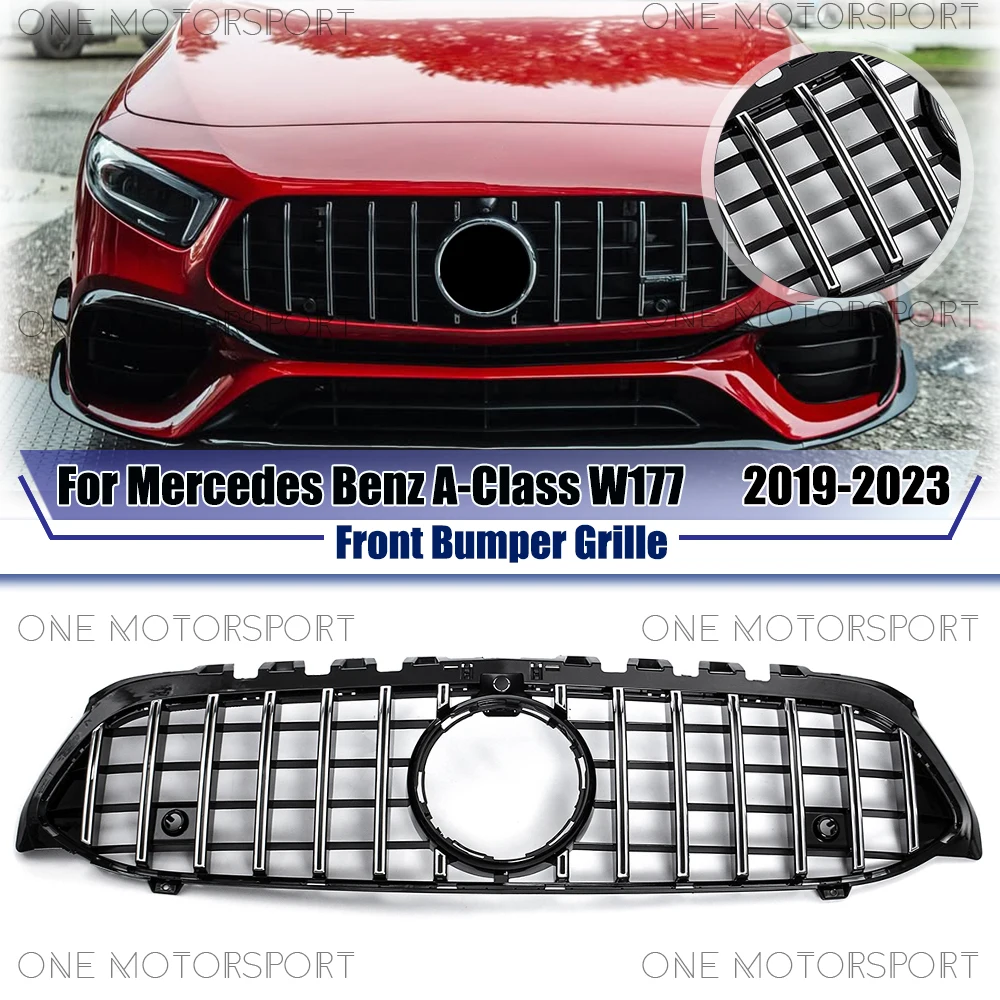 

Chrome Silver For Mercedes Benz A-Class W177 19-23 A200 A220 A250 A35 AMG With 360 Camera Hole GTR Style Racing Bumper Grilles