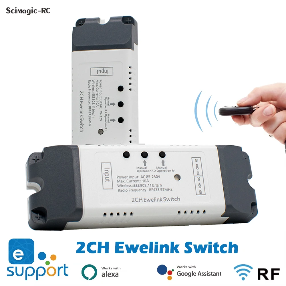 

2 Channel Intelligent EWeLink WIFI Switch Relay Module AC DC 7-32V/85V-250V Circuit Breaker RF433 Controller Dry Contact Alexa