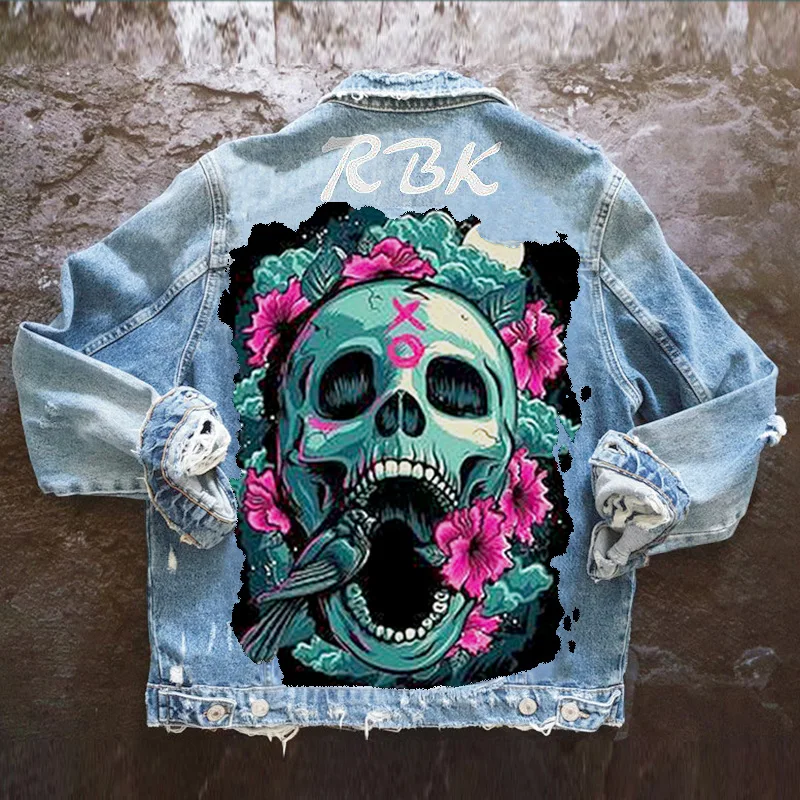 

Women's Denim Jacketautumn New Style Hyot-Selling Personalized Printing Skull Head Washed And Ripped Single-Breasted Lapel Denim