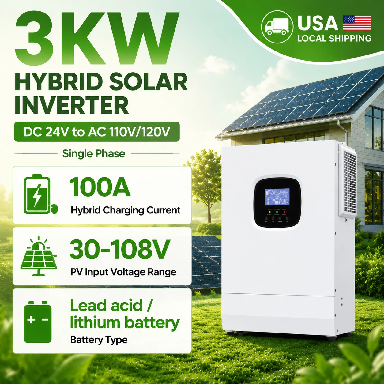 3KW Hybrid Solar Inverter 24V DC to 110V/120V AC Single Phase Pure Sine Wave Inverter with 100A Charger 1600W PV Input for Home Solar System