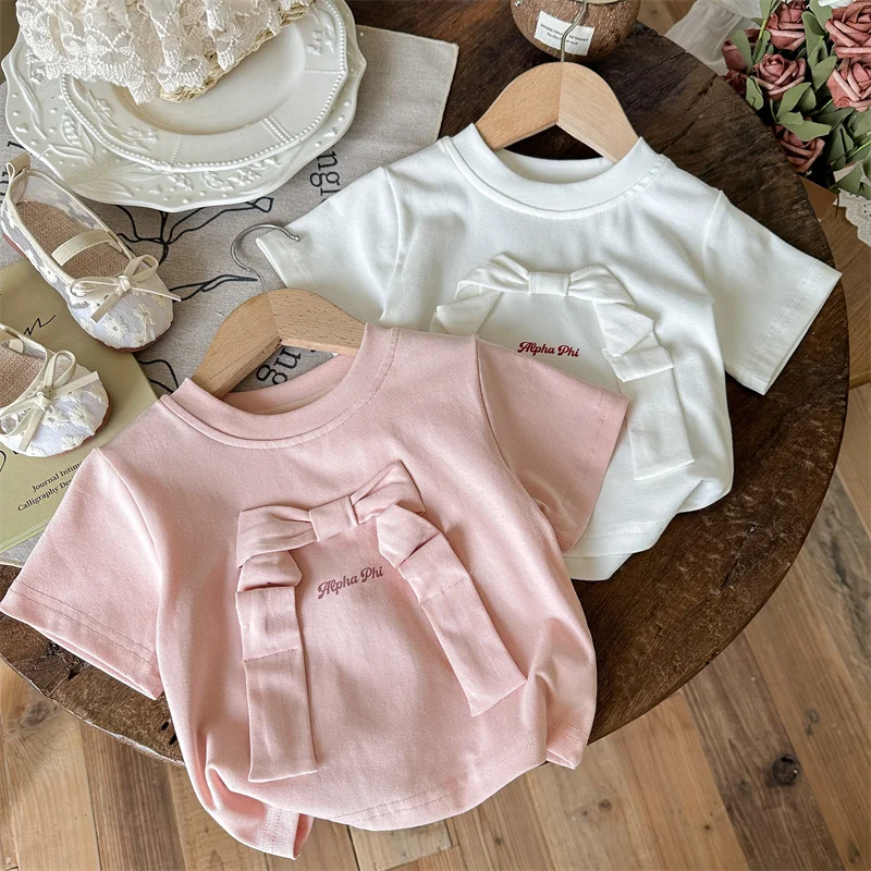 Cute Baby Girls Bow Short Sleeve T-shirts Summer Round Neck Solid Color Casual Tee Toddler Girls Versatile Tops Shirt