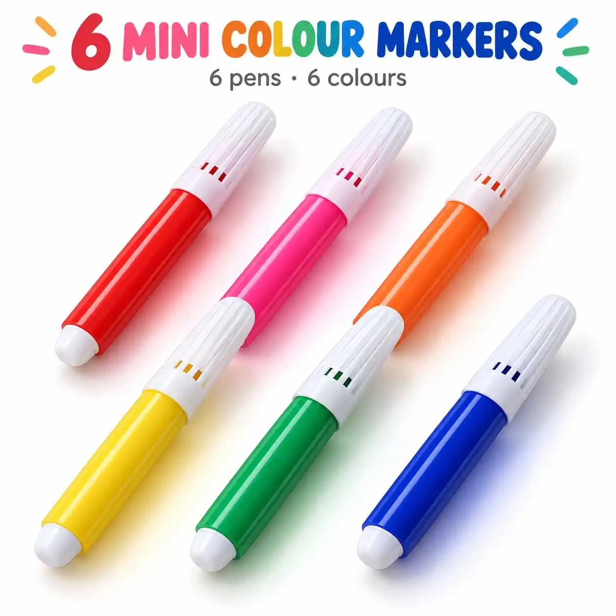 6 Mini Colour Drawing Marker Pens Short Round Barrels White Vented Caps Round Felt Tips Six Colours Set