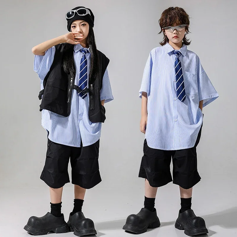 

Children's Street Dance Performance Costume Blue Striped Shirt Black Hip-Hop Shorts Fashion Streetwear Jazz Dance Clothing