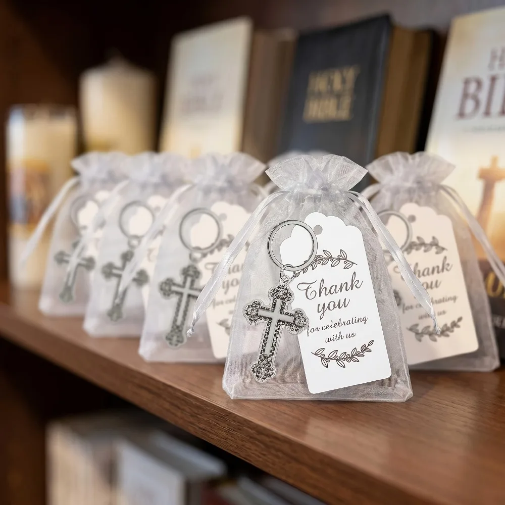 2-20 Sets de Llaveros con Cruz de Jesús y Crucifijo, con Tarjeta de Agradecimiento y Bolsa de Malla, Regalo Religioso, Recuerdo para Fiesta de Comunión Cristiana