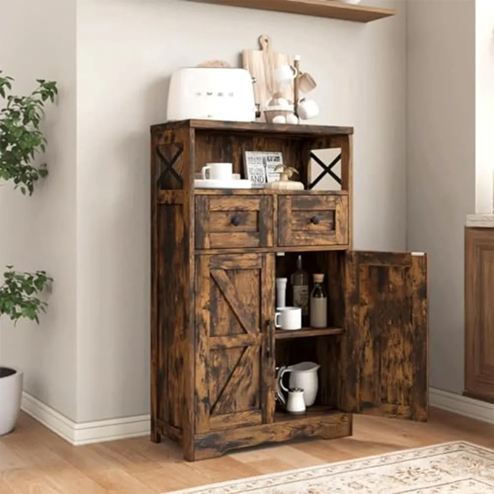 

Rustic Brown Farmhouse Storage Cabinet with Barn Doors and Shelves, Freestanding Kitchen Pantry Storage Cabinet, Customized
