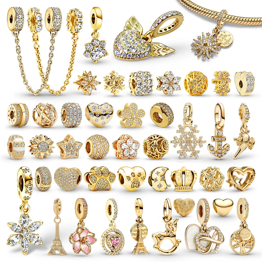 

2026 DIY Sparkling Golden Charms Jewelry Gifts Openwork Sun, Stars & Moon Snowflake Paw Print Beads Fit Original Snake Bracelets