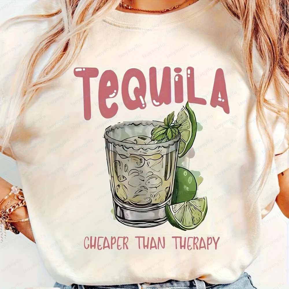 Funny Tequila Cheaper Than Therapy T-Shirt Women Men Casual Short Sleeve Tees Summer Drinking Party Humor Graphic Tops Y2k Top
