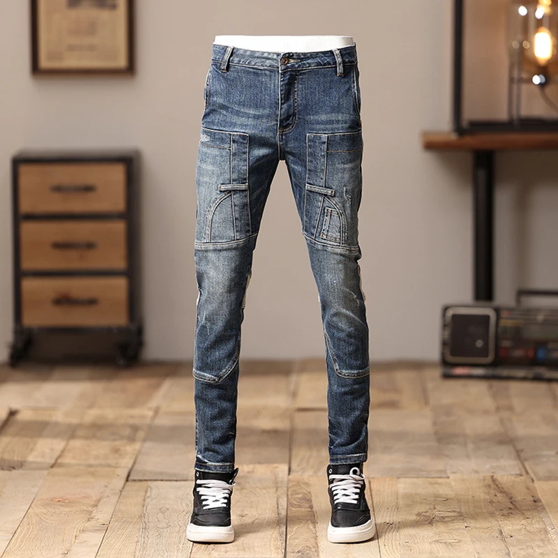 Personality Stitching Jeans Men's Fashion Slim Design Motorcycle Style Retro Pattern Street Trend Handsome Trousers