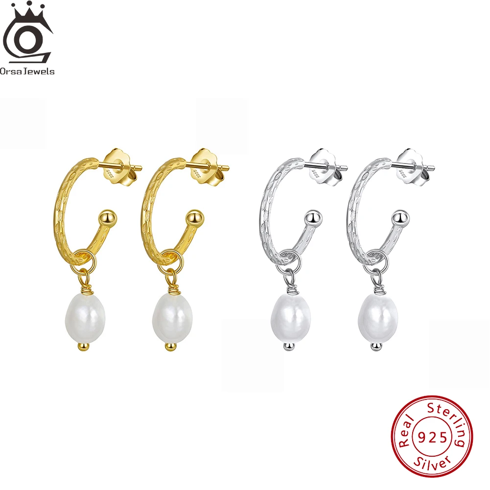 

ORSA JEWELS Fashion 925 Sterling Silver Geometric Round Pearl Pendant Earring Female Hoop Ear Accessories Gifts Wholesale GPE16