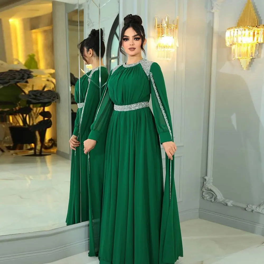 Vestido de noche clásico de Dubái, manga larga, chal plisado de cristal, cremallera trasera, Vintage, árabe saudita, vestidos formales para ocasiones