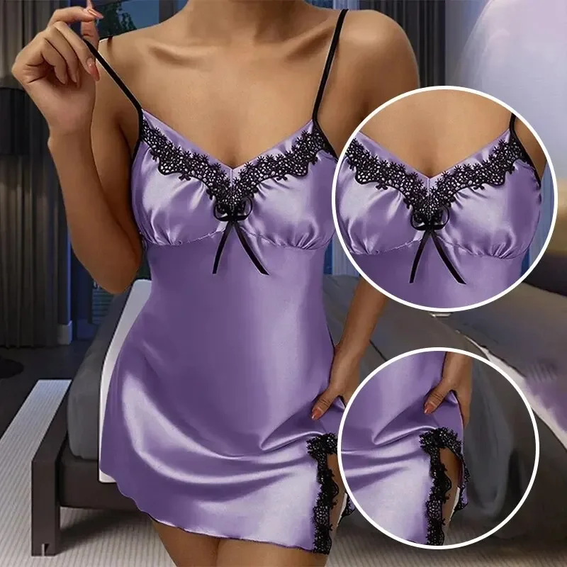 Summer Women's Deep V Sexy Sleeveless Pajamas Women's Lace Side Slightly Open Sling Straps Solid Color Dress Pajamas