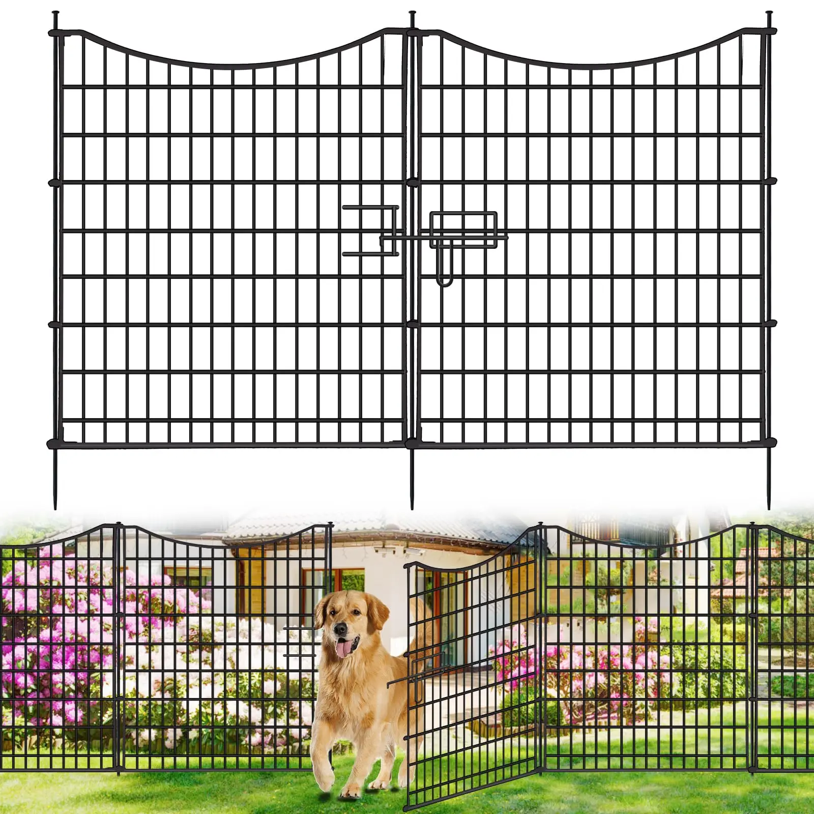 18 Panels No Dig Decorative Fence with Gate, 33 in(H) X 40.5 ft(L) Tall Garden Fence Animal Barrier, Rustproof Metal