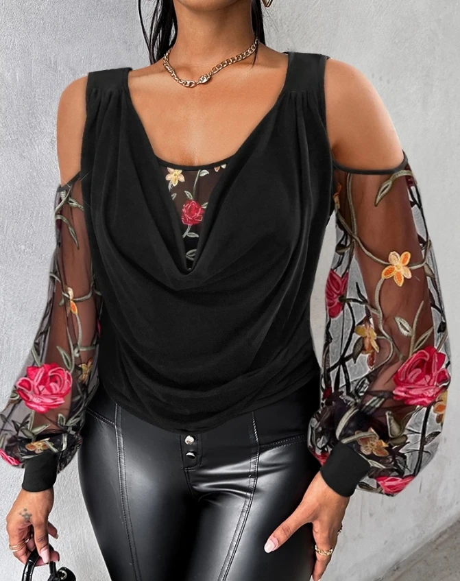 

Sexy Blouses Shirt Floral Embroidery Mesh Patch Cold Shoulder Top Elegant T-Shirt Pullover Tops 2024 Autumn Spring New Fashion