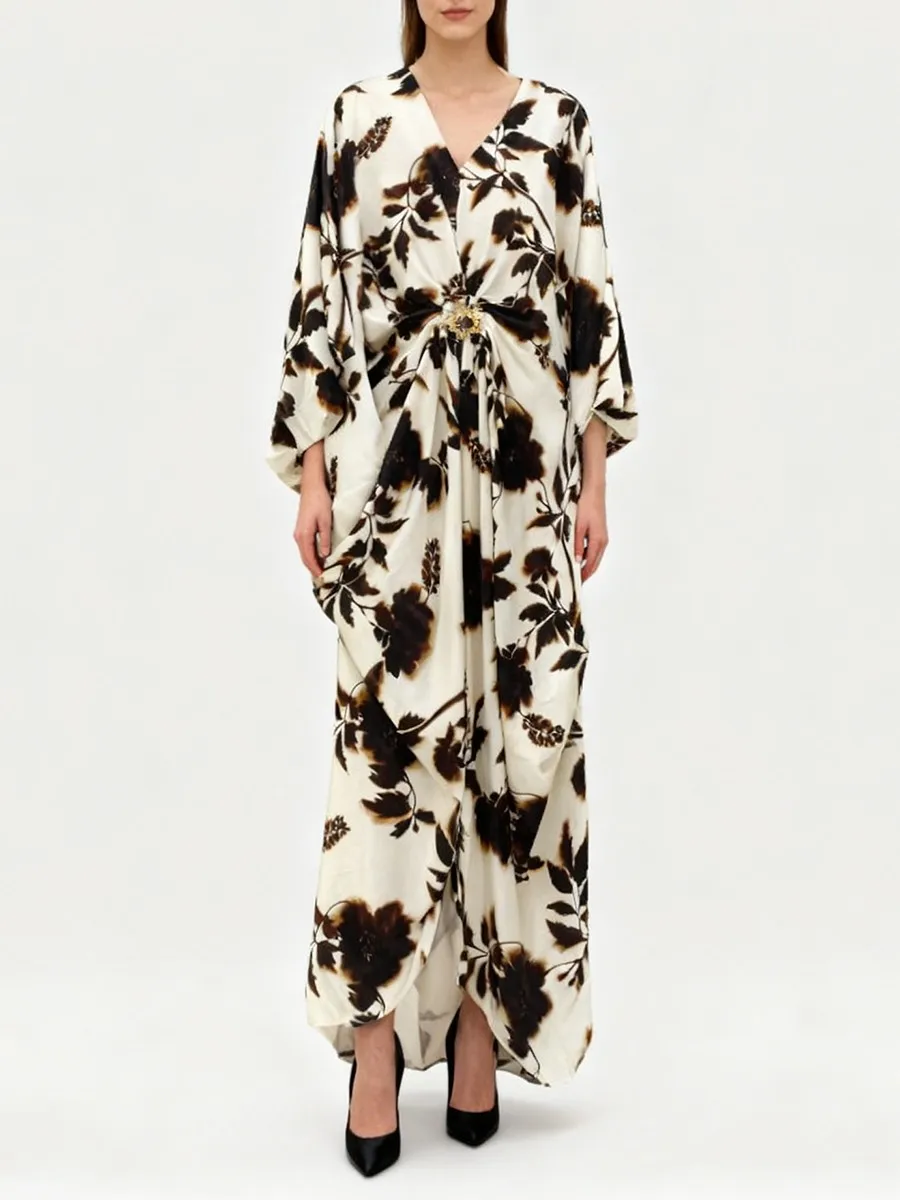 TWOTWINSTYLE Afdrukken Gesplitste Plooien Temperament Jurken voor Vrouwen V-hals Halve Mouwen Patchwork Lovertjes Lange Jurk Vrouwelijke Nieuwe