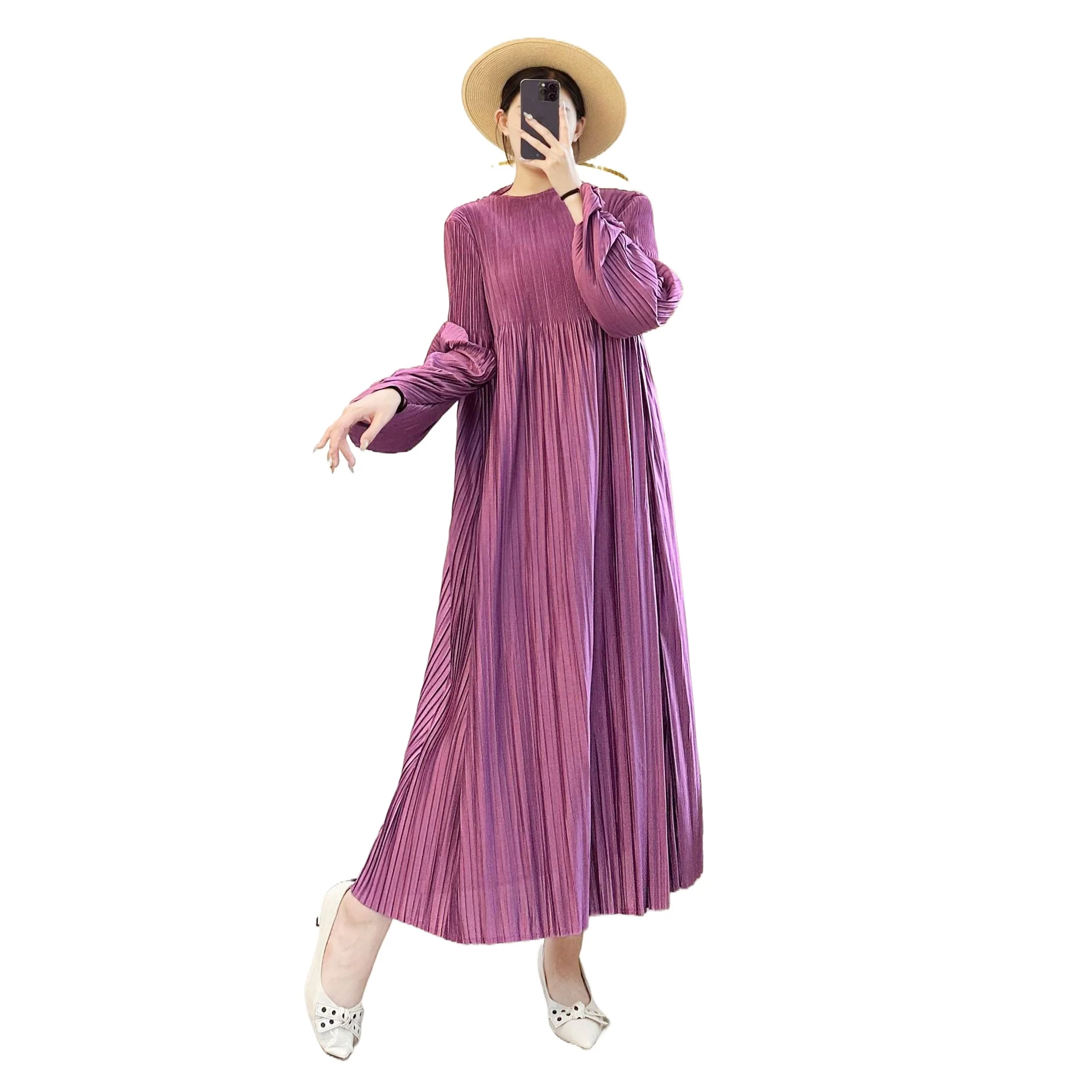 

Miyake Puff Sleeve Pleated Dress Solid Color Long Length Women Loose Causal Elegant Dresses Designer Clothes Autumn