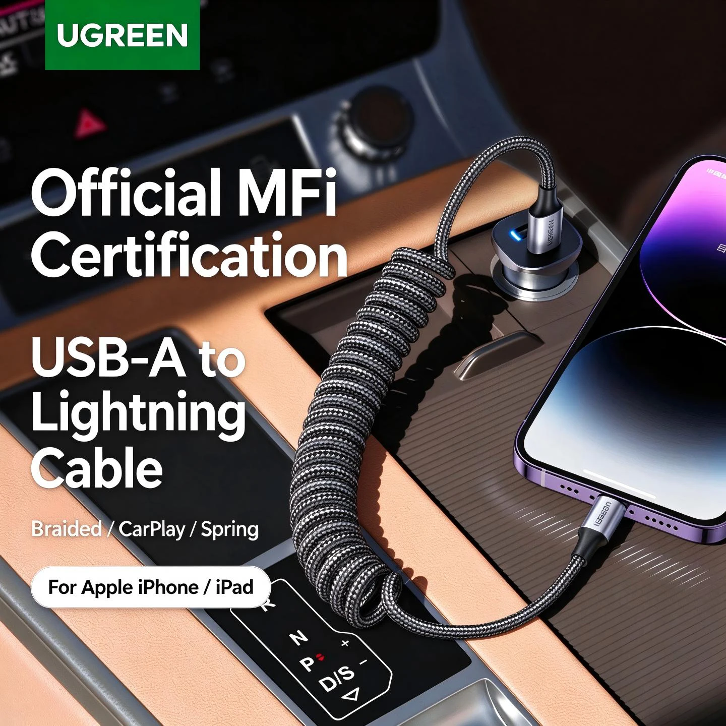 UGREEN MFI – samochodowy kabel USB Lightning z mechanizmem zwijania, obsługujący szybkie ładowanie PD i przesyłanie danych, kompatybilny z Apple iPhone 14, 13 i iPad, ładowarka samochodowa, kabel Carplay, pleciona konstrukcja.