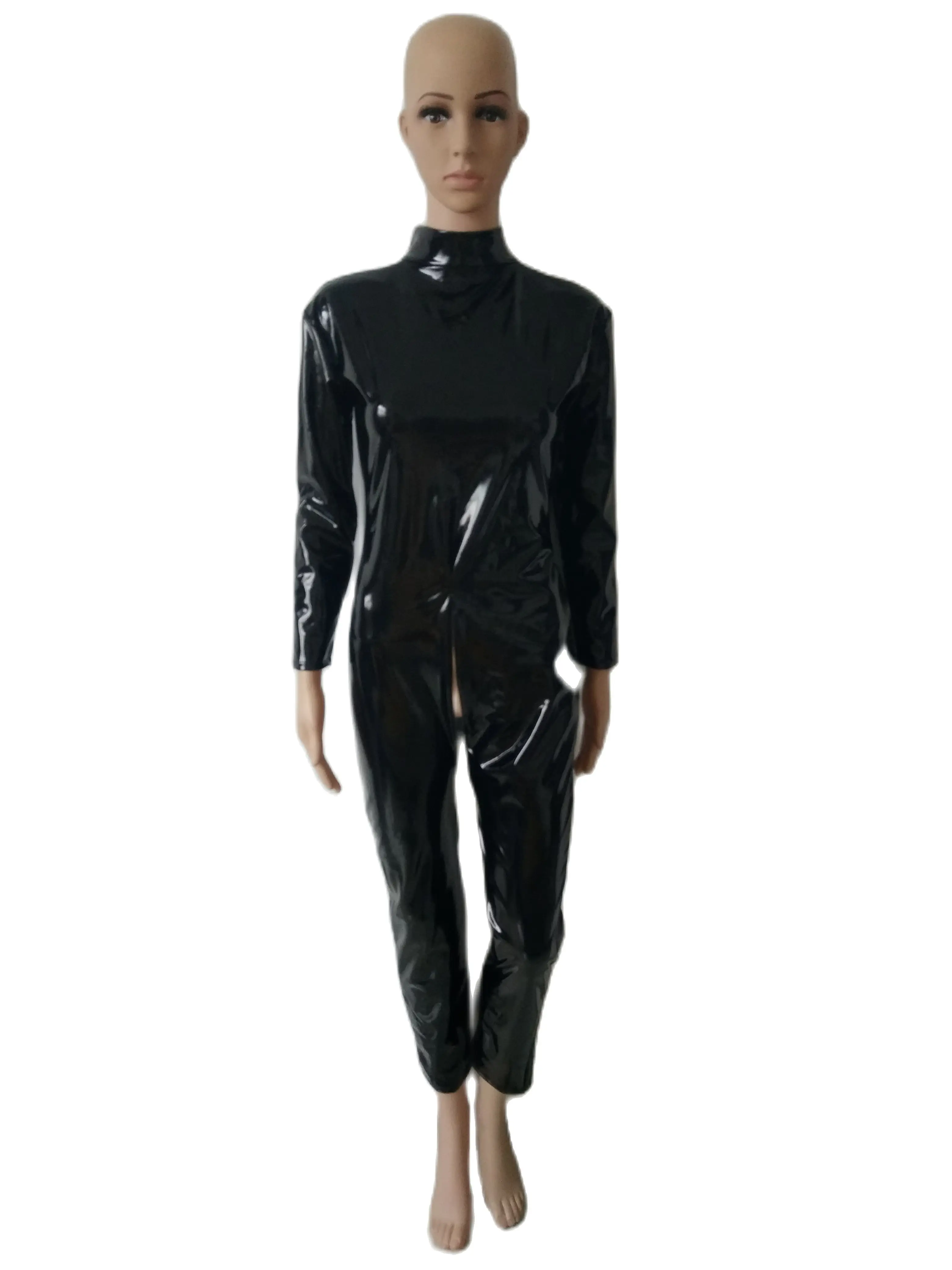 

Cosplay Halloween Costumes shiny black sexy clothing PVC Faux Leather Game fun catsuit with back 3-ways zipper to front
