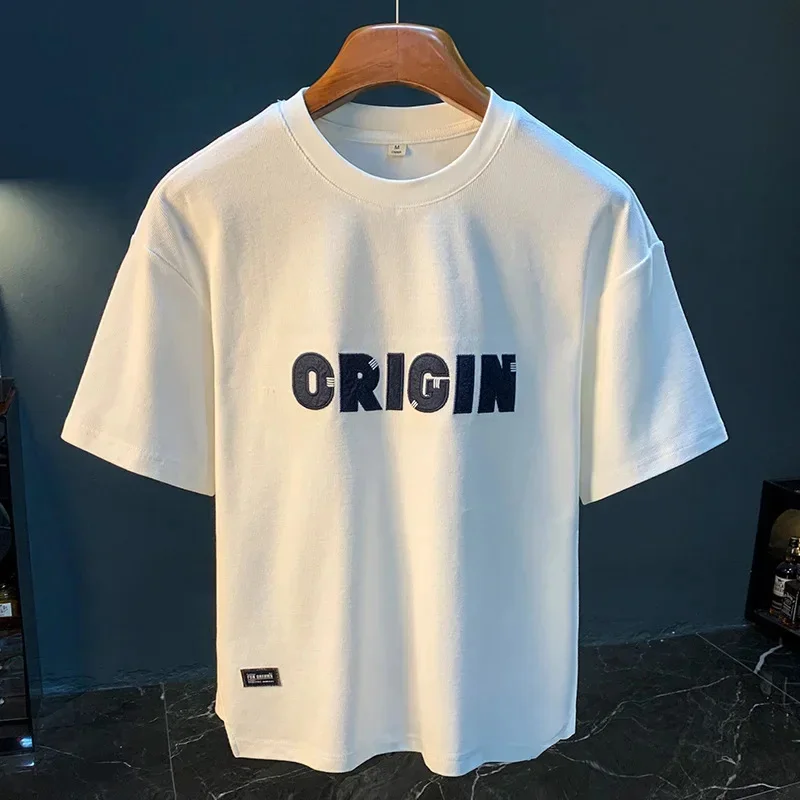 

Short sleeved T-shirt men's summer thin loose letter embroidered half top versatile casual clothing