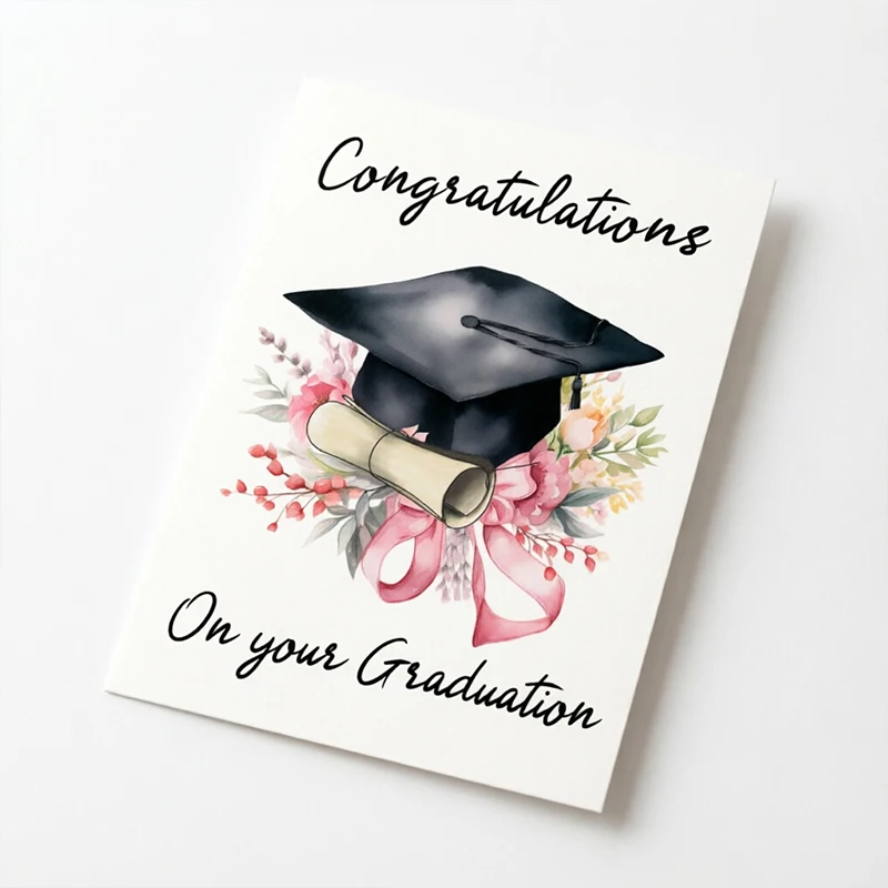 Tarjeta de felicitación de graduación con diseño floral en acuarela, con birrete y diploma