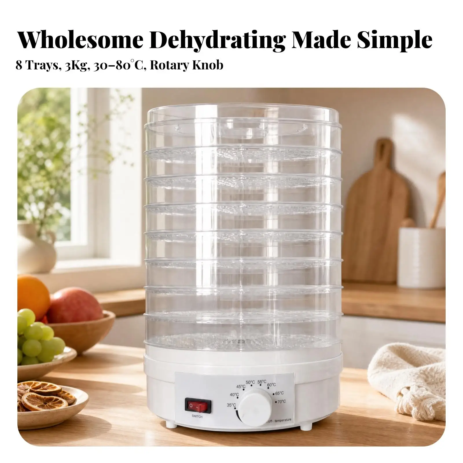 Electric Herb and Fruit Dryer with Stackable Transparent Trays and Simple Rotary Controls for Homemade Dried Foods