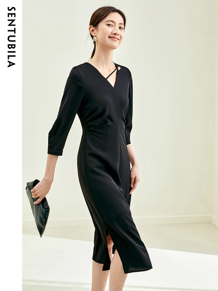 SENTUBILA Elegant Black Dresses for Women Autumn V-neck Slit Midi Office Lady Simple Three Quarter Sleeve Dress Woman 133L50418