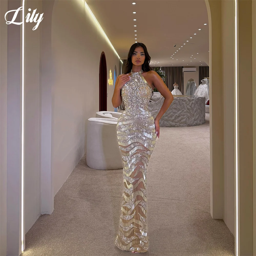 Lily Silver Prom Dress Halter High Neck Celebrity Dresses Sleeveless Rhinestone Sequin Women's Evening Dress for Gala Customized