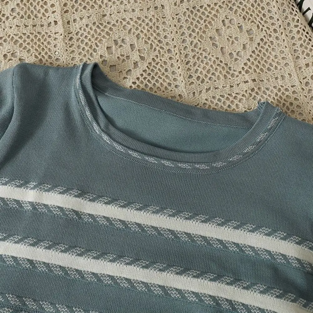 Sweet Ins Crop Top met korte mouwen Losse vrouwelijke kleding Streep gebreid T-shirt Zomer dieptepunt Shirt Knitwear Dames Dames