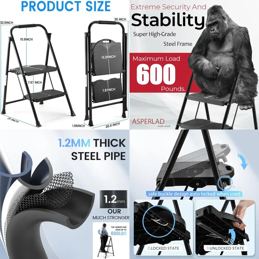 

2-ступенчатая лестница 600 фунтов, складной табурет-ступенька с широкой противоскользящей педалью, сверхмощная прочная стальная лестница с рукояткой, портативная стальная S
