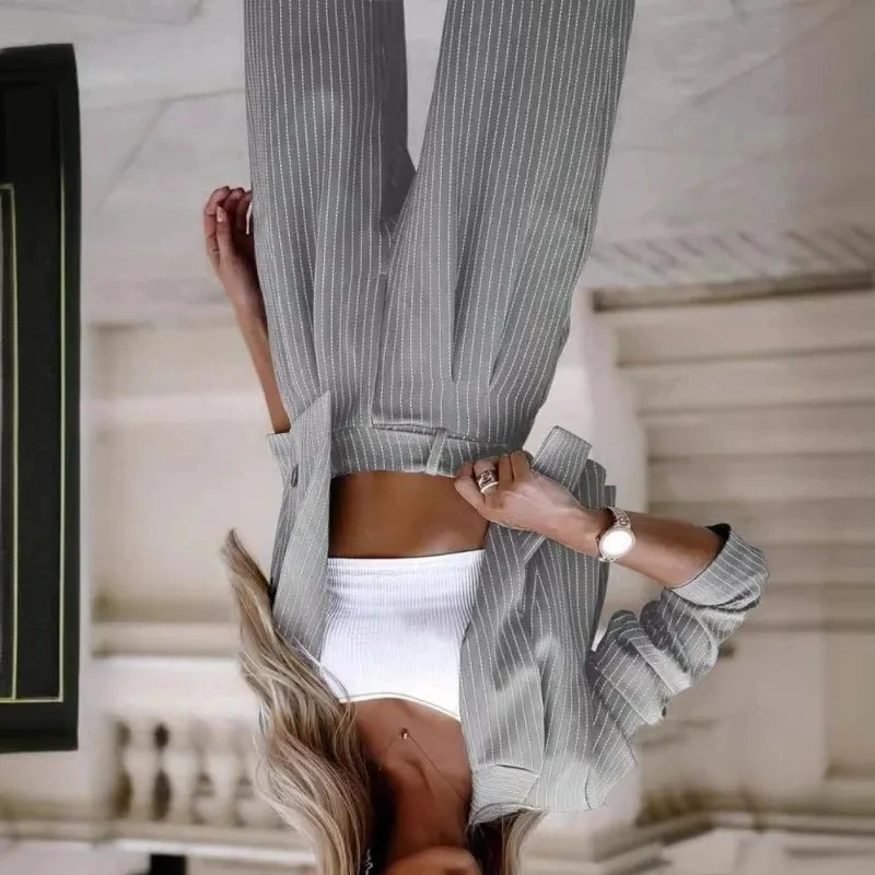 

Женский деловой костюм для внешней торговли: повседневный, в полоску, с коротким лацканом, прямые брюки, изысканный, простой, для офиса и повседневной носки