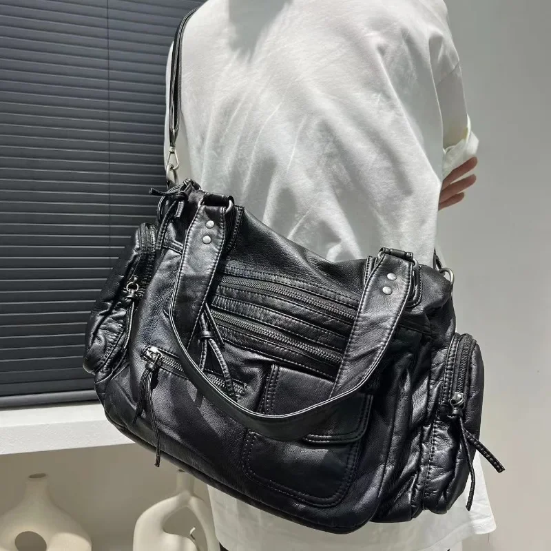 Moda feminina y2k menina quente motocicleta saco grande capacidade lavado angustiado ombro crossbody bolsa