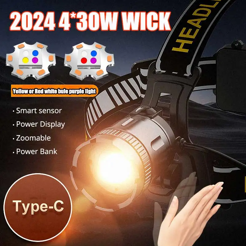 

2024 Newest 4*30W Colar white laser wick Headlight with Sensor Induction white Yellow Bule Purple and Red Light UV Headlamp fish