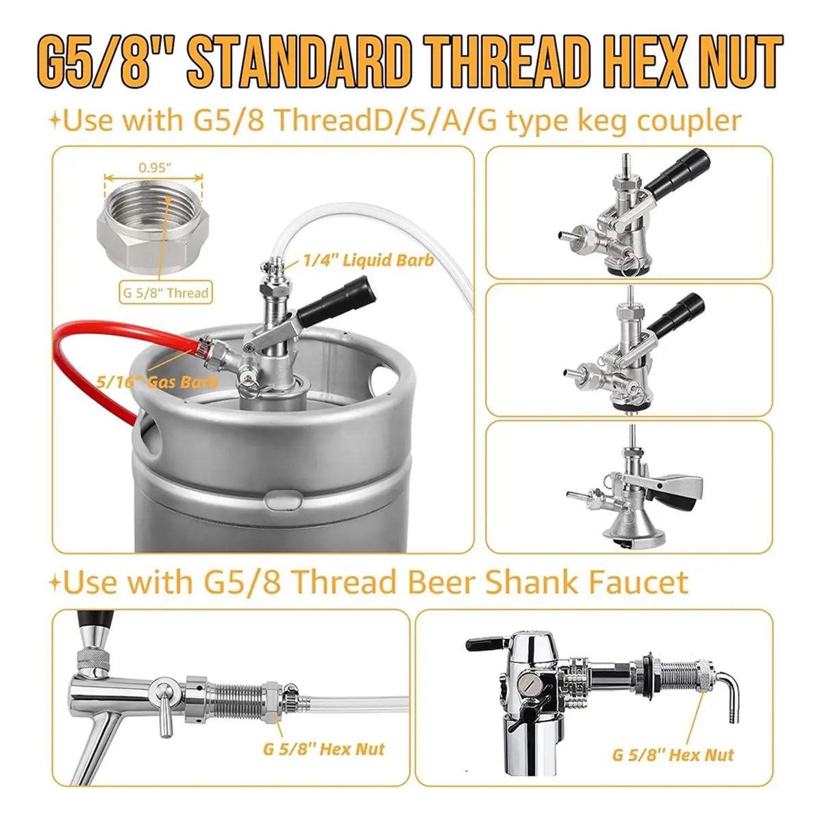 AT16 4 Pack Keg Coupler Barb Connector 1/4'' & 5/16'' Barb Connector with Clamp & Washer for Beer Shank